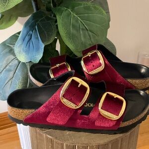 Birkenstock Women's Arizona Velvet Sandals in Burgundy with Gold Buckles